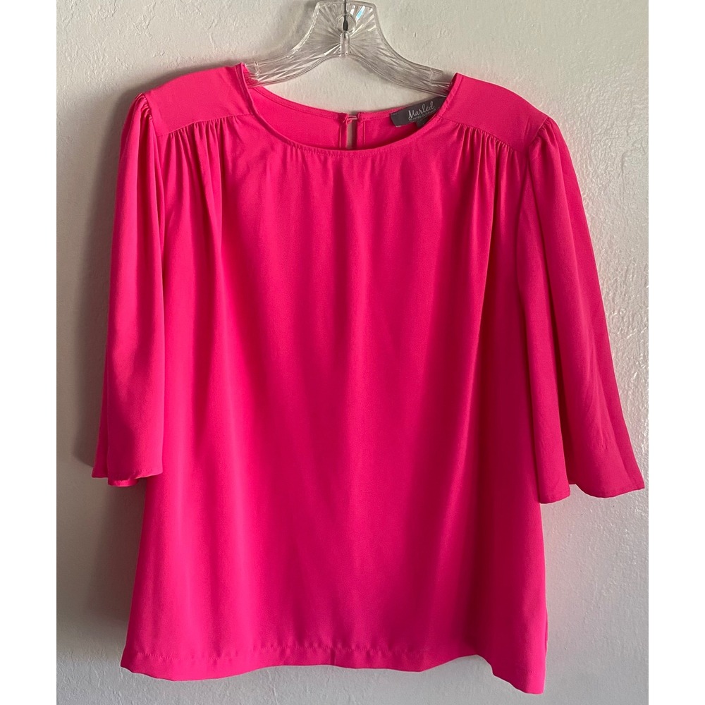 Marled Hot Pink Blouse Bell Sleeve Top Career Party Elegant Size L EUC